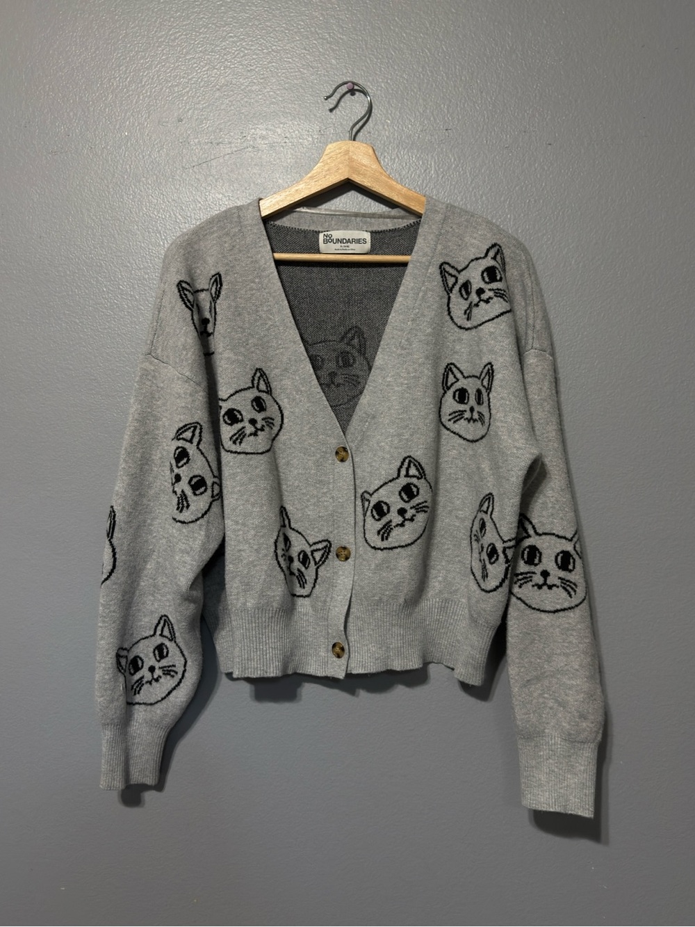 No Boundaries Gray Cat Intarsia V-Neck Cardigan